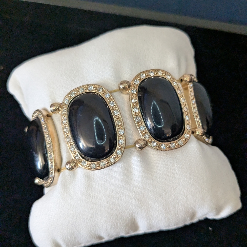Black & Gold Tone Art Deco Style Stretch Link Bracelet